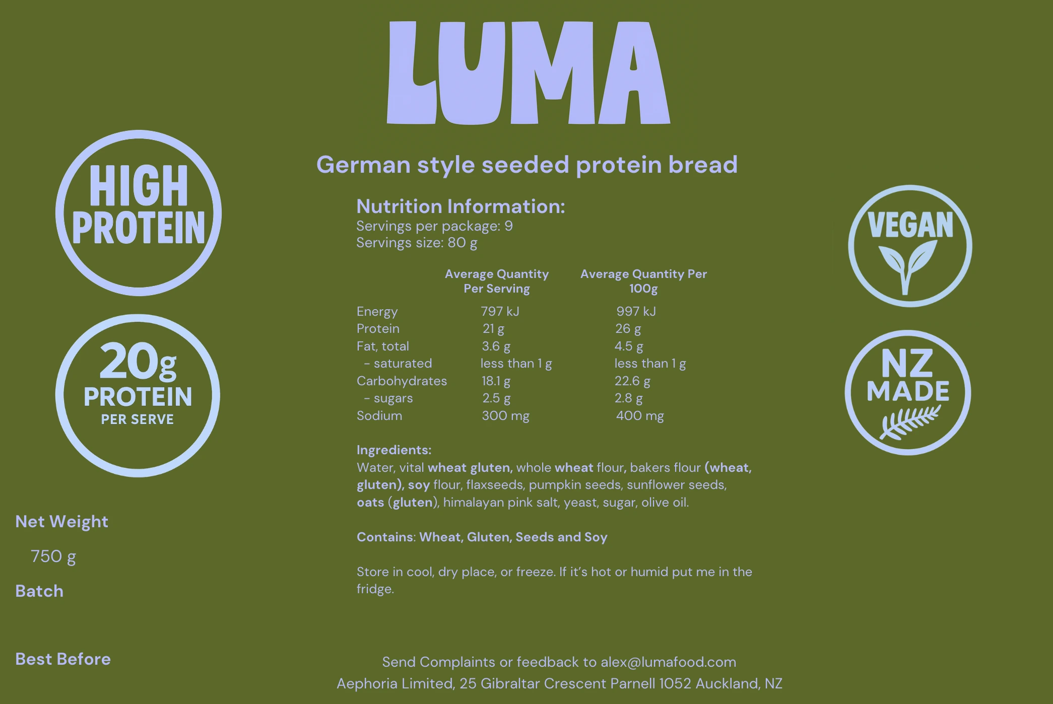 Luma Seeded Protein Bread label